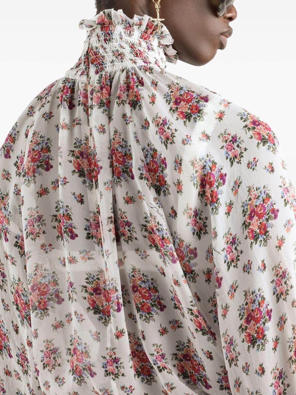 DOLCE e GABBANA Blusa in cotone bianco con stampa floreale e collo alto