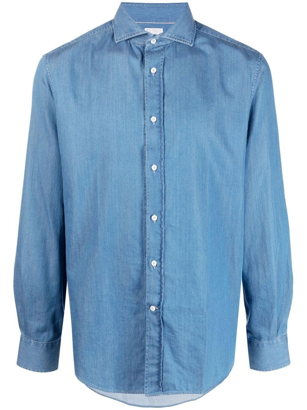 BRUNELLO CUCINELLI Camicia blu in cotone a maniche lunghe