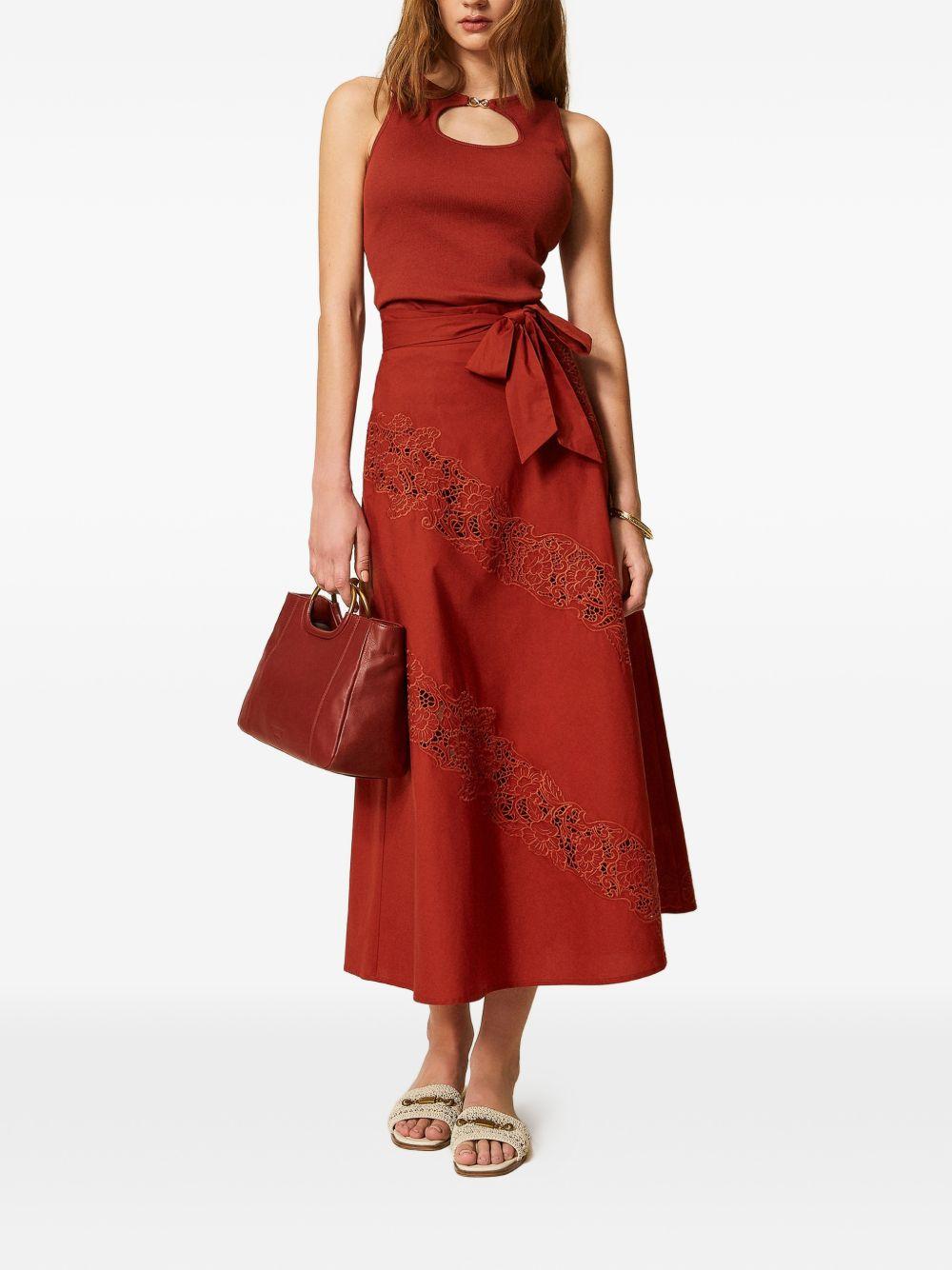 TWINSET Gonna midi in cotone marrone con pizzo floreale e cintura