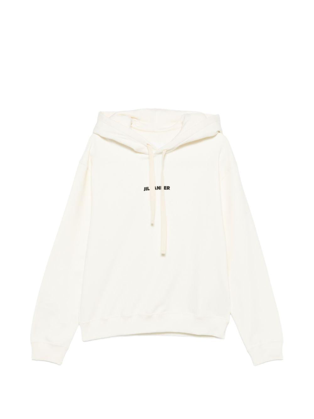JIL SANDER Felpa in cotone bianco con cappuccio e logo nero