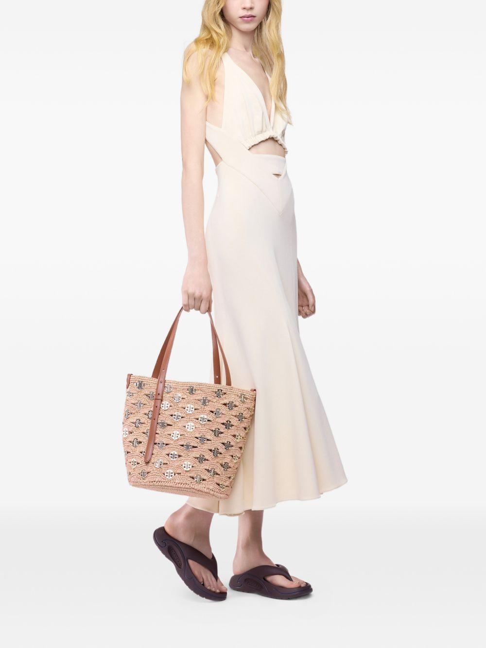 RABANNE Borsa Bucket grande in rafia beige e color pesca con dischi d'oro firmati 1969