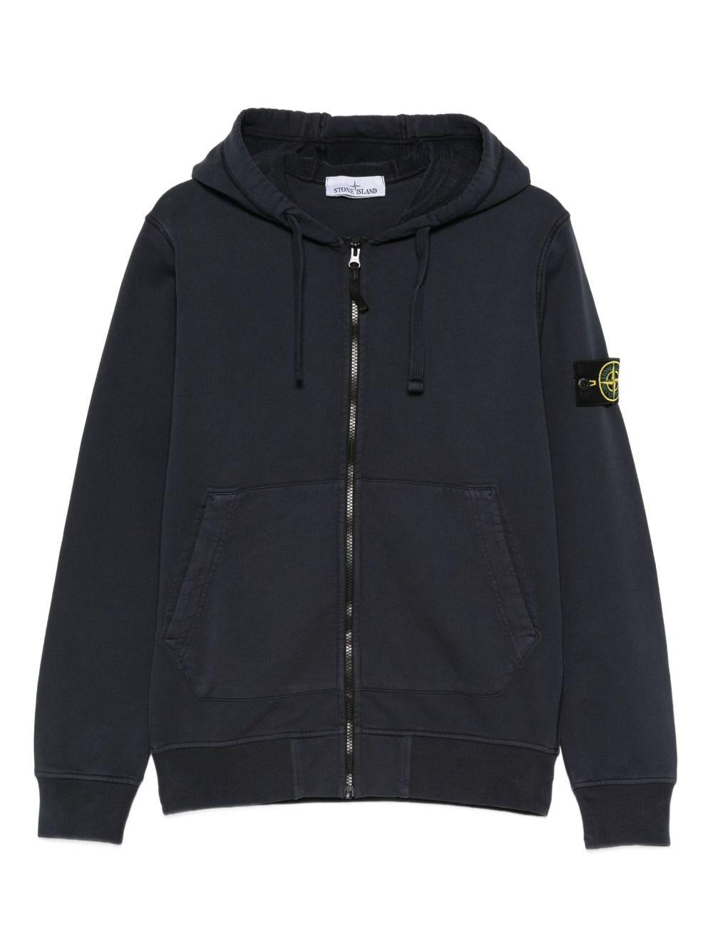 STONE ISLAND Felpa in cotone blu con cappuccio e zip