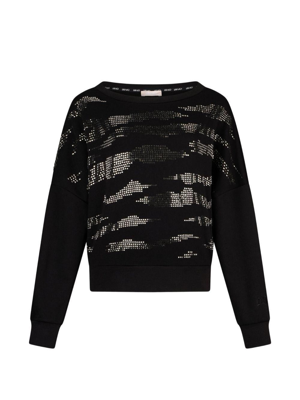 LIUJO Felpa nera in cotone a collo rotondo con maniche lunghe