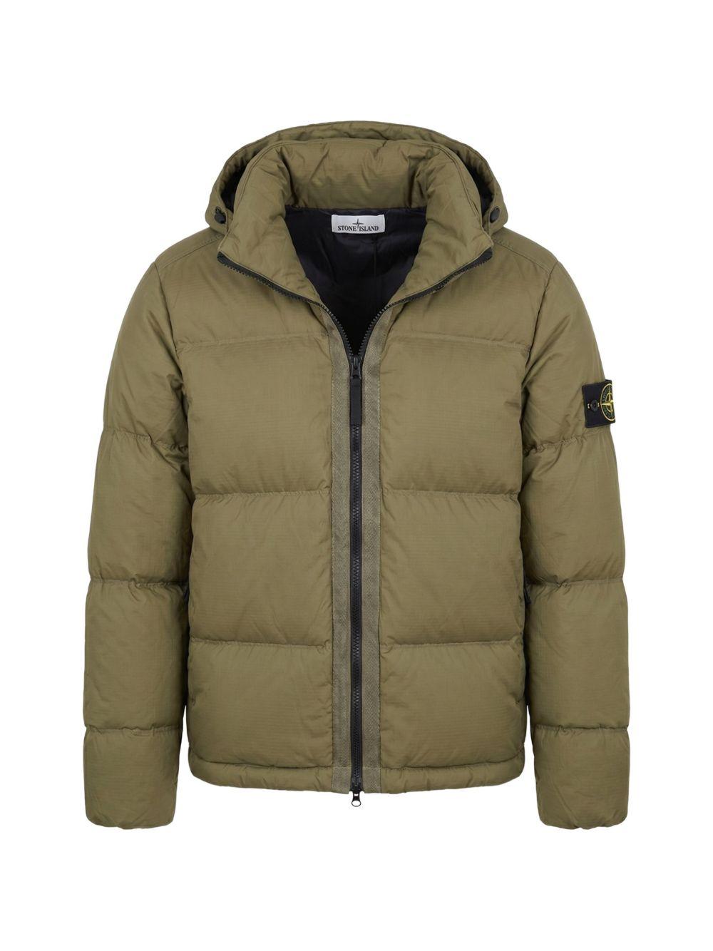 STONE ISLAND Giubbotto imbottito verde militare con cappuccio e tasche