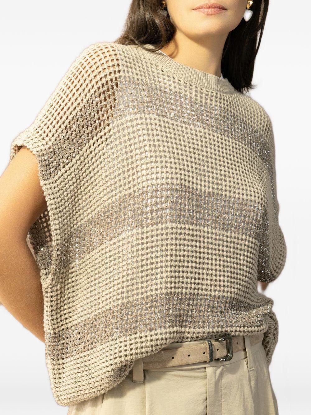 BRUNELLO CUCINELLI Blusa color champagne a righe con strass