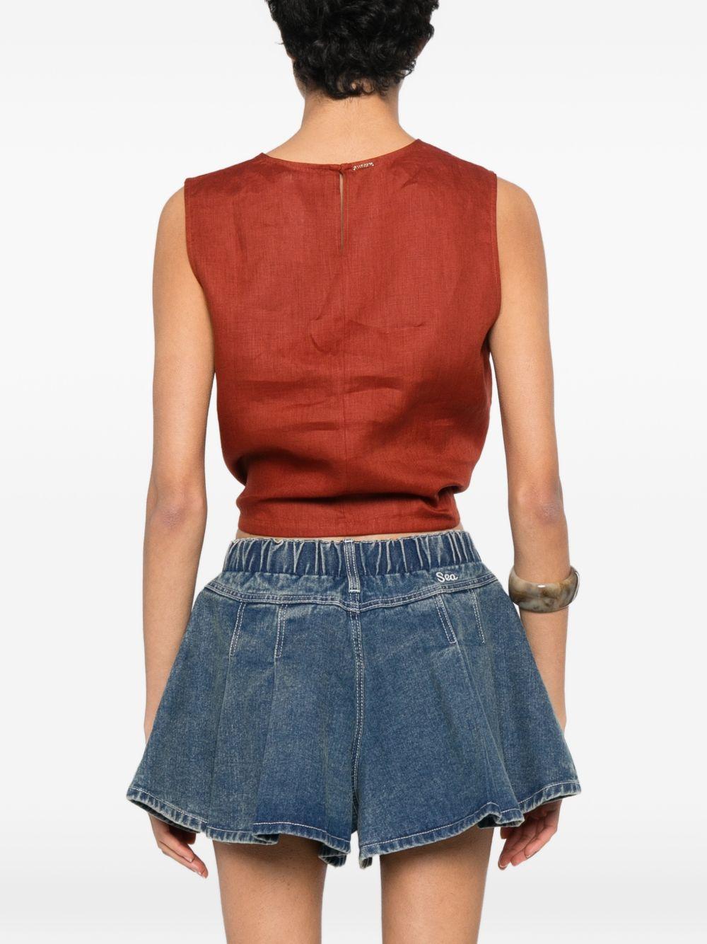 TWINSET Top corto in lino marrone con laccio