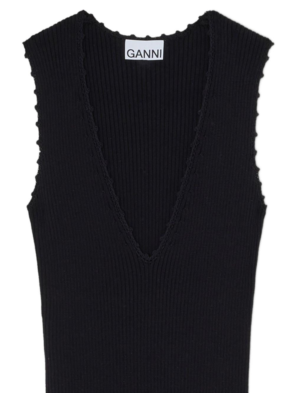 GANNI Abito lungo in maglia con scollo a V nero