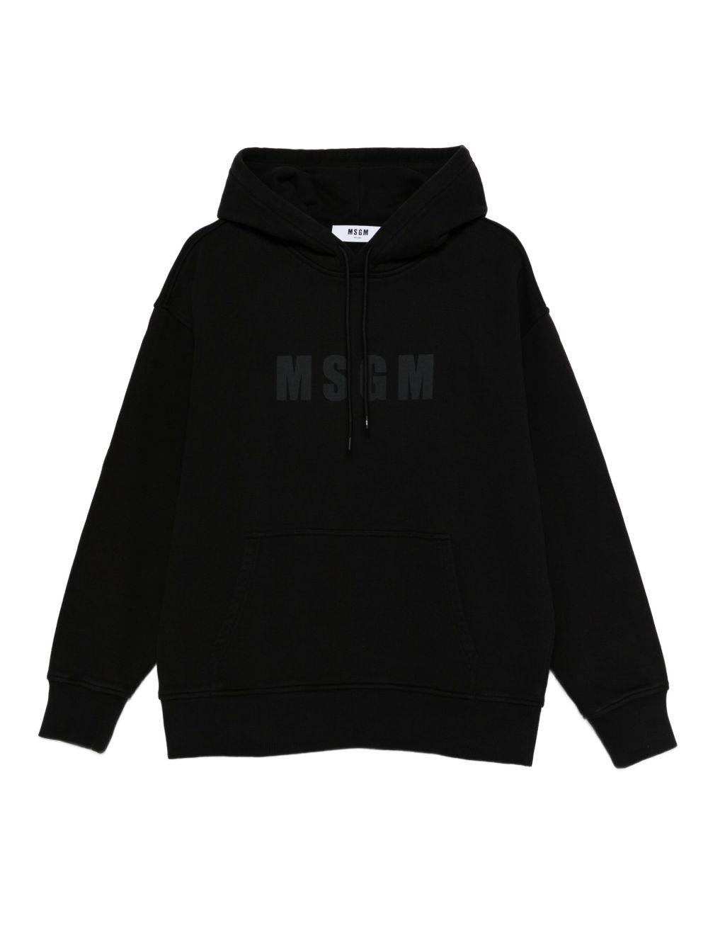 MSGM Felpa in cotone nero con logo e cappuccio