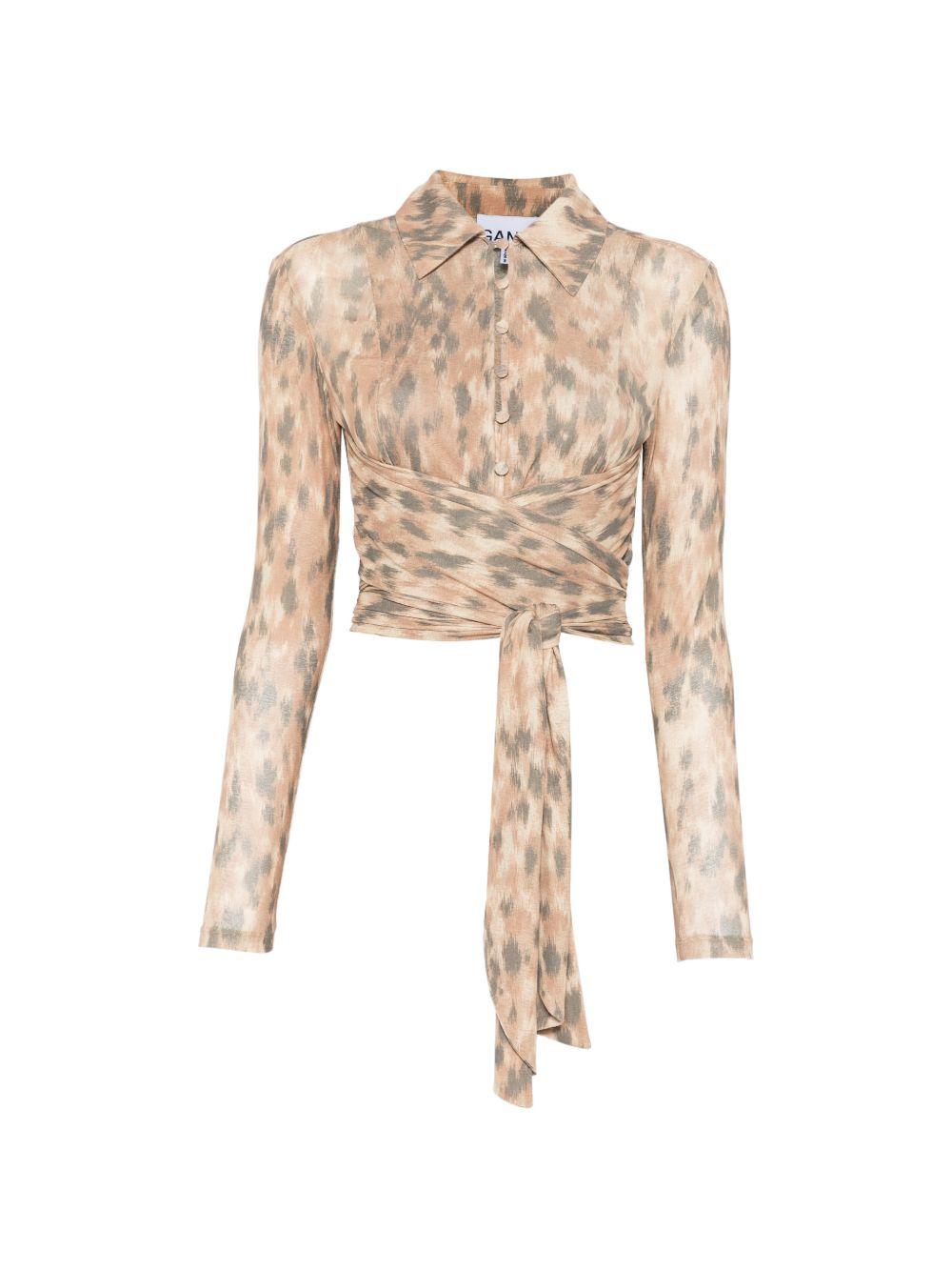 GANNI Blusa con stampa animalier e lacci in vita