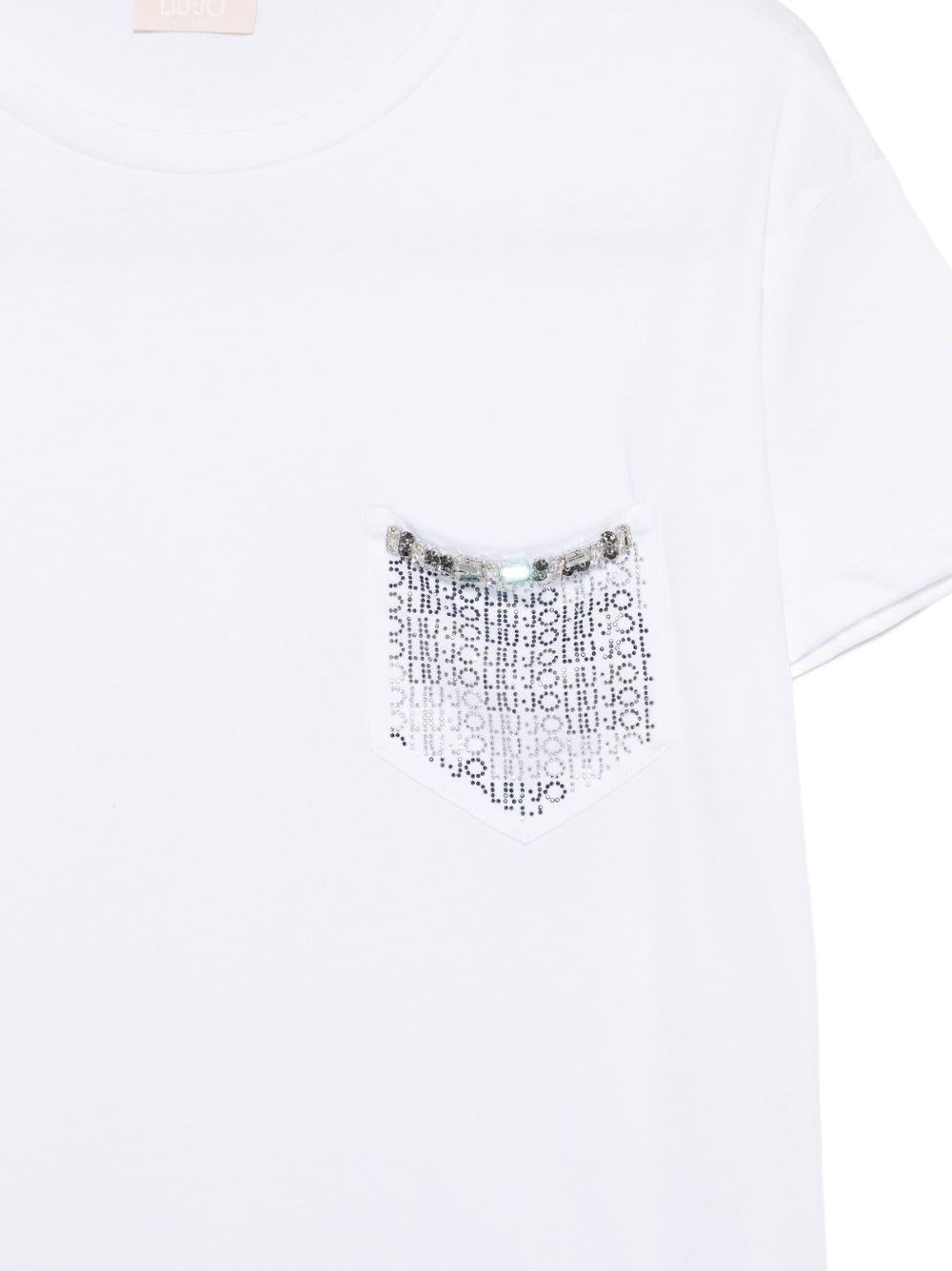 LIUJO T-shirt bianca con trass argentati e logo