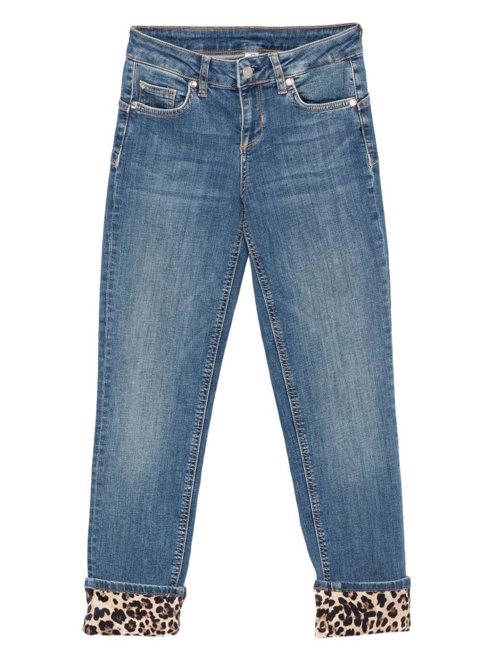 LIUJO Jeans blu denim con risvolto a stampa leopardata