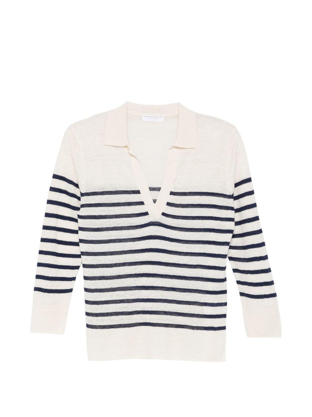 MAJESTIC FILATURES Polo a righe con scollo a V blu