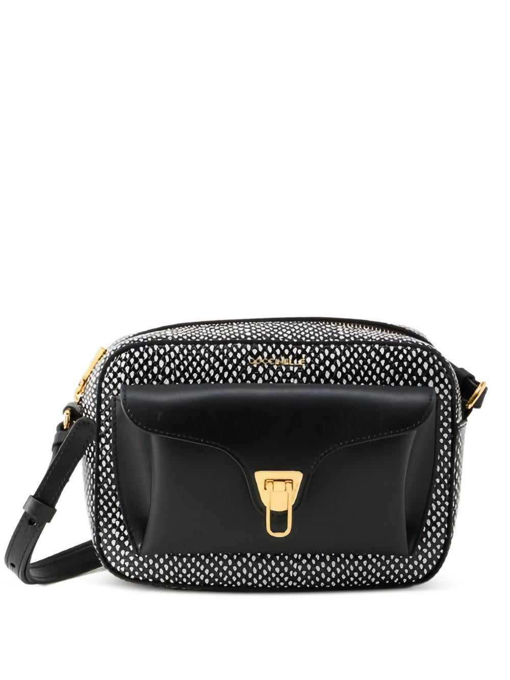 COCCINELLE Borsa a tracolla nera effetto pitonato bianco e nero