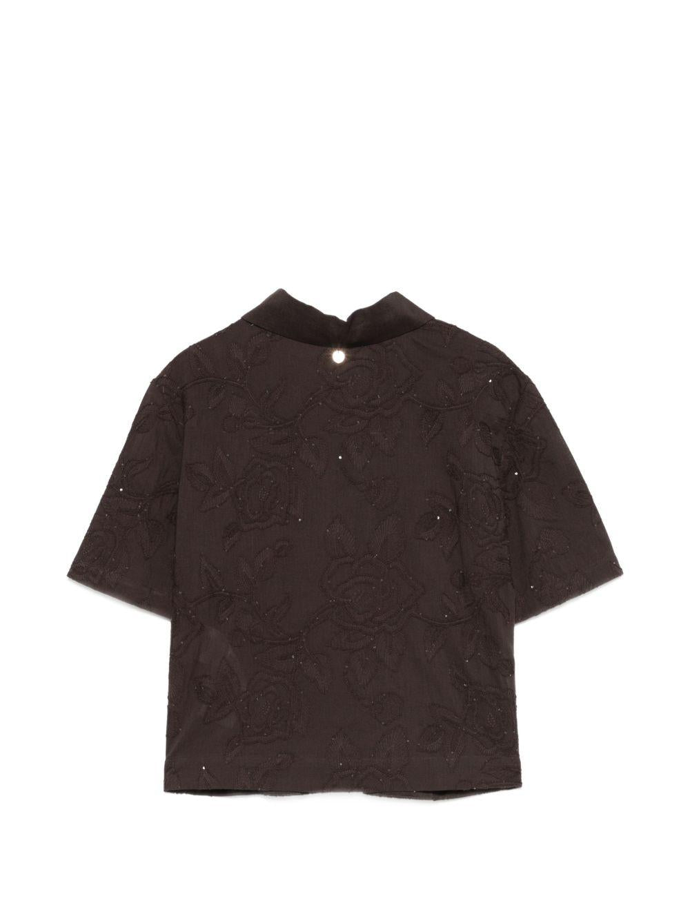 LIUJO Camicia corta con ricami floreali in rilievo marrone