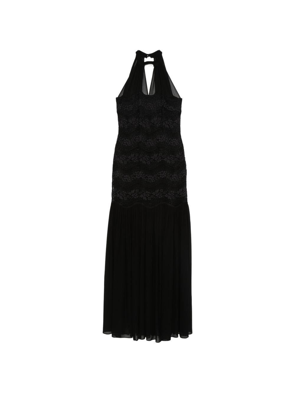 TWINSET Abito lungo nero semi trasparente con fiori ricamati
