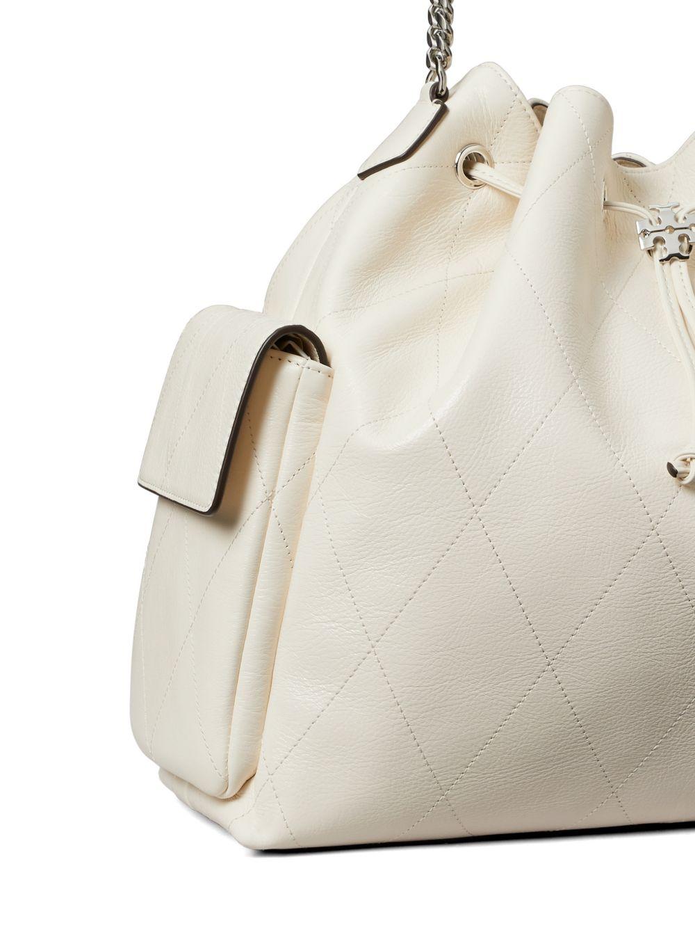 TORY BURCH Borsa a secchiello beige con chiusura a coulisse