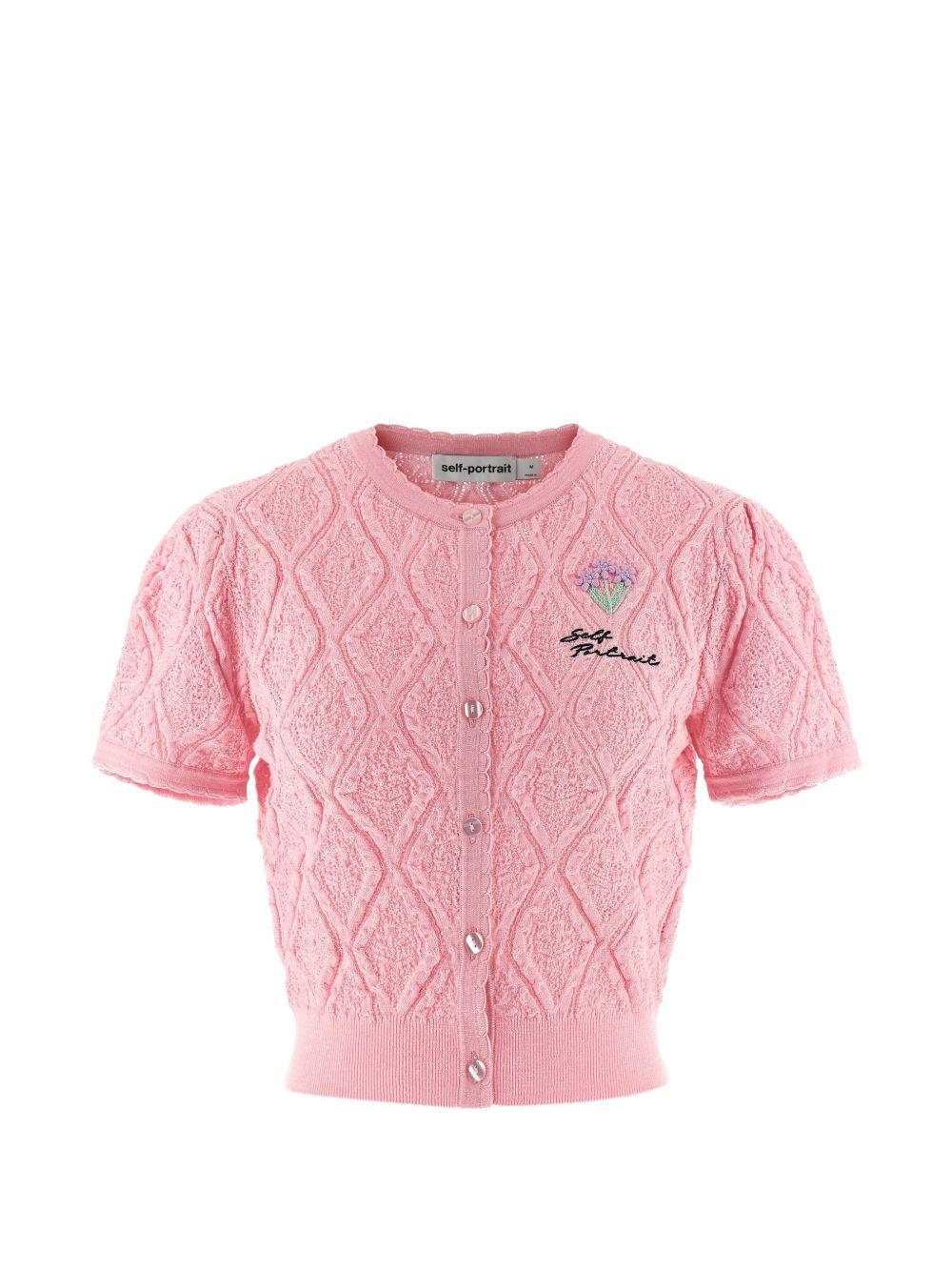 SELF PORTRAIT Cardigan corto rosa con ricamo fiori e logo
