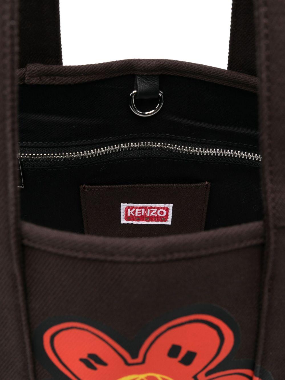 KENZO Borsa shopping in cotone marrone con stampa fiore e logo