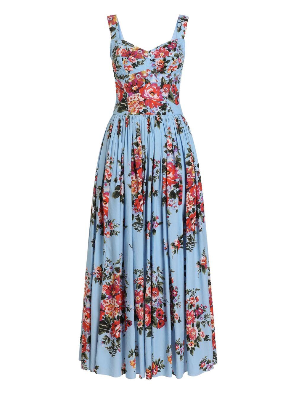 DOLCE e GABBANA Abito lungo in cotone celeste con stampa floreale