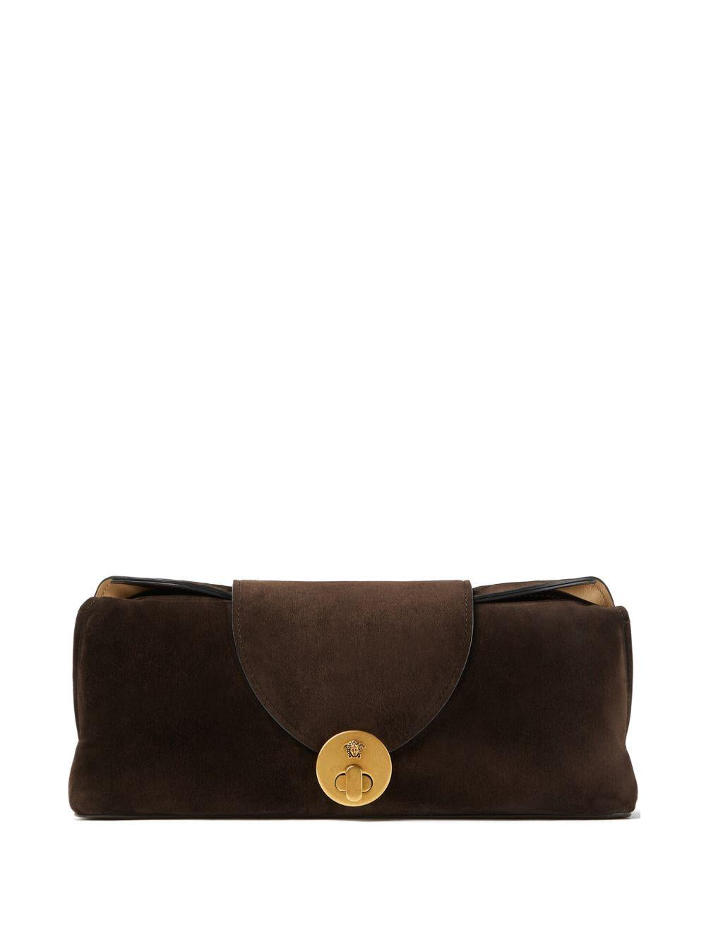 VERSACE Clutch Vivian in suede con tracolla a catena e Medusa