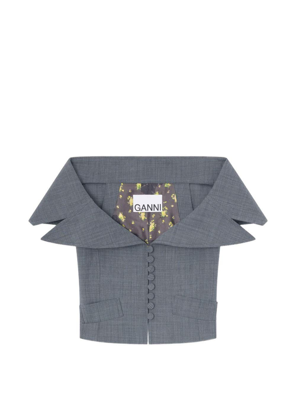 GANNI Top grigio con bottoni e scollo bardot