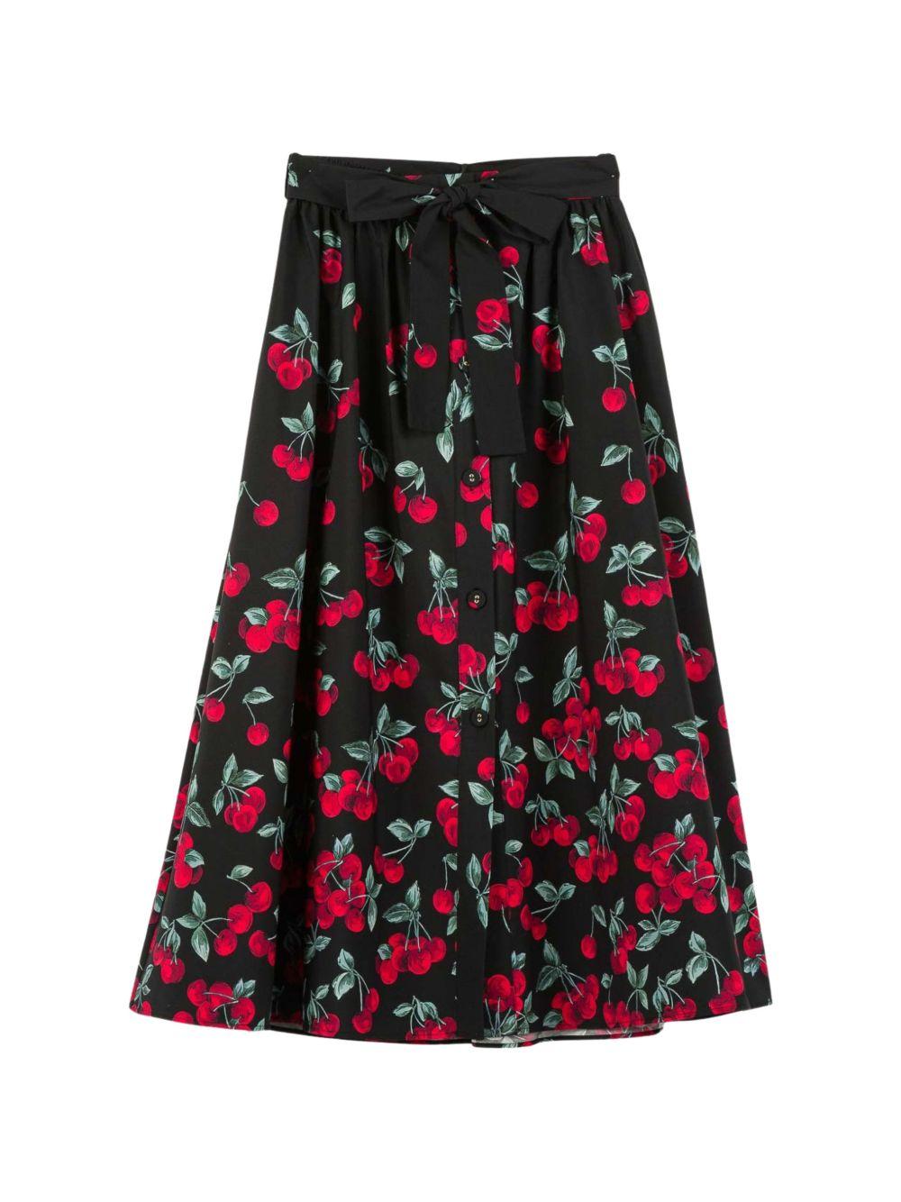 TWINSET Gonna midi in cotone con stampa ciliegie e fiocco in vita