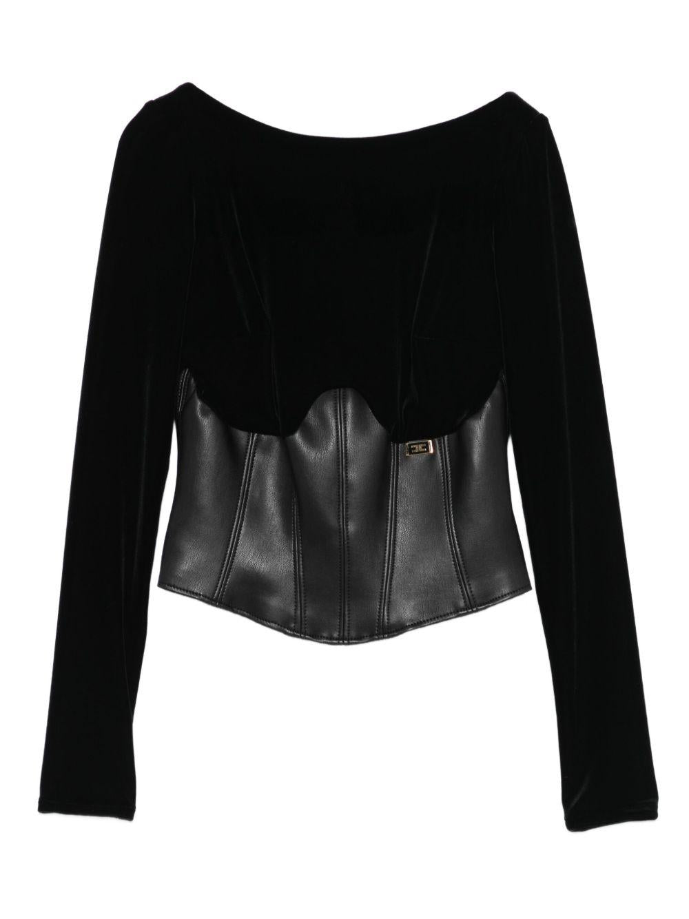 ELISABETTA FRANCHI Top bustier in velluto nero e ecopelle