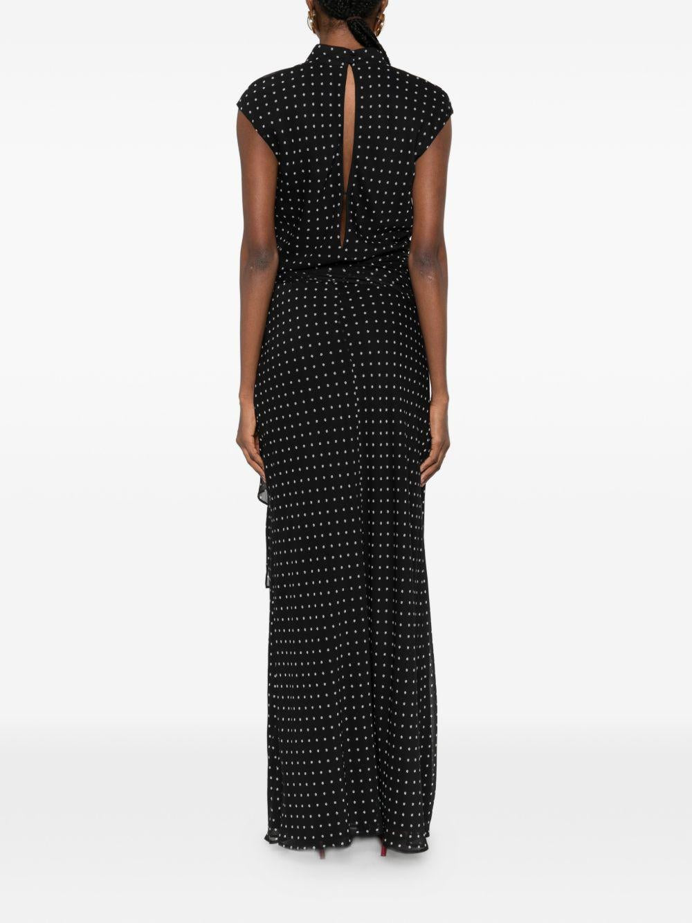 ROTATE Abito lungo nero a pois bianchi