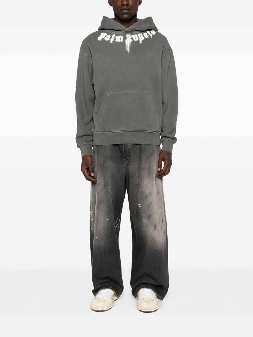 PALM ANGELS Felpa in cotone grigio con cappuccio e logo bianco