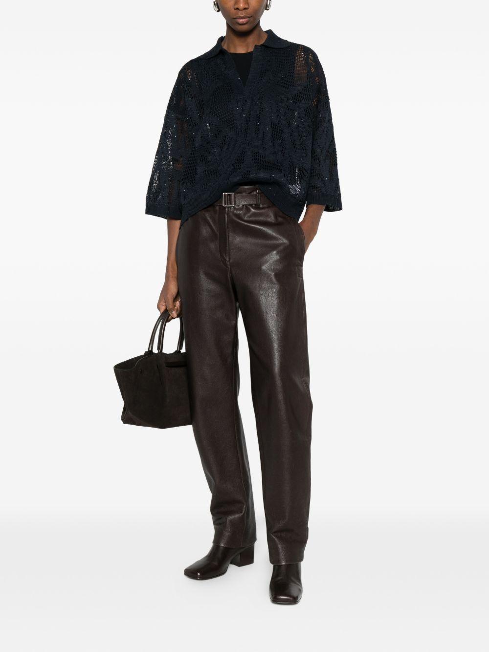 BRUNELLO CUCINELLI Blusa traforata in cotone blu scuro con scollo a V