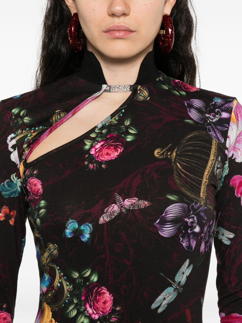 VERSACE JEANS COUTURE Abito corto nero in cotone con stampa floreale