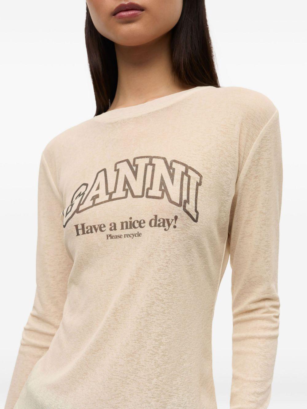 GANNI T-Shirt a maniche lunghe semitrasparente con logo
