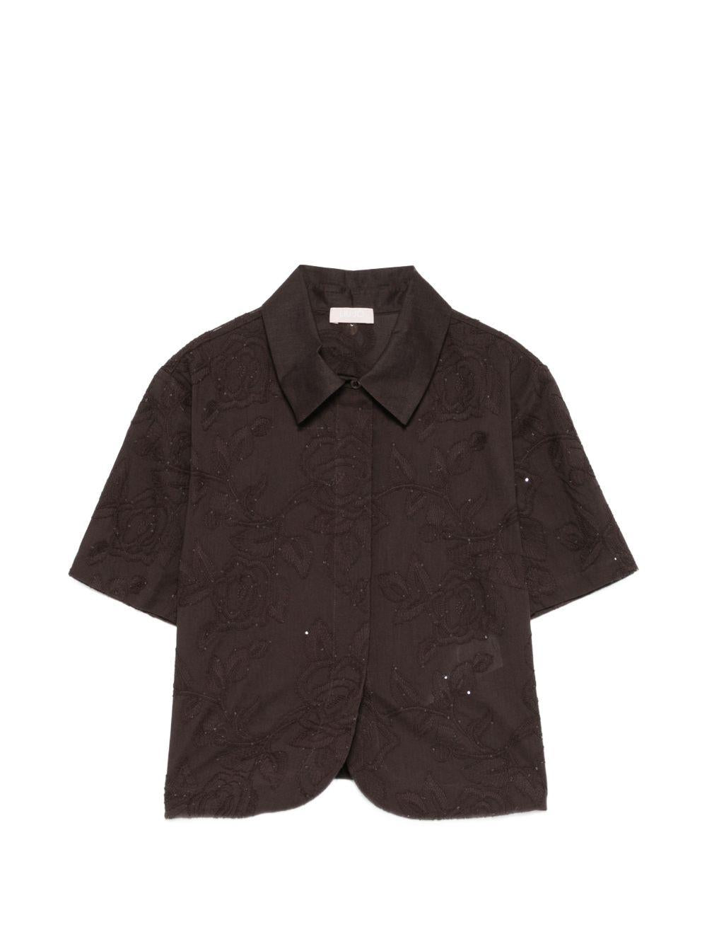 LIUJO Camicia corta con ricami floreali in rilievo marrone