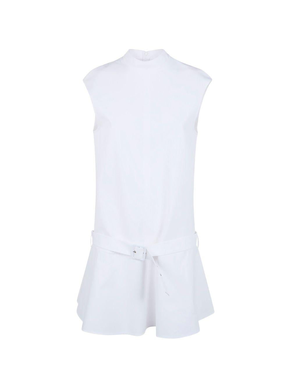 SEMICOUTURE Abito corto bianco in cotone elasticizzato con cintura in vita