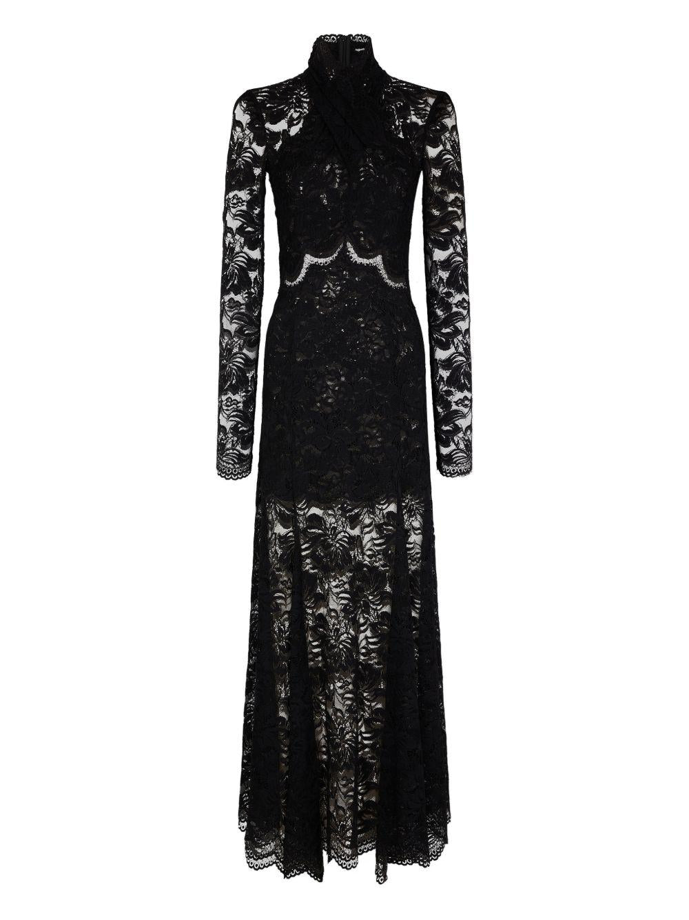 RABANNE Abito lungo nero in pizzo semi trasparente