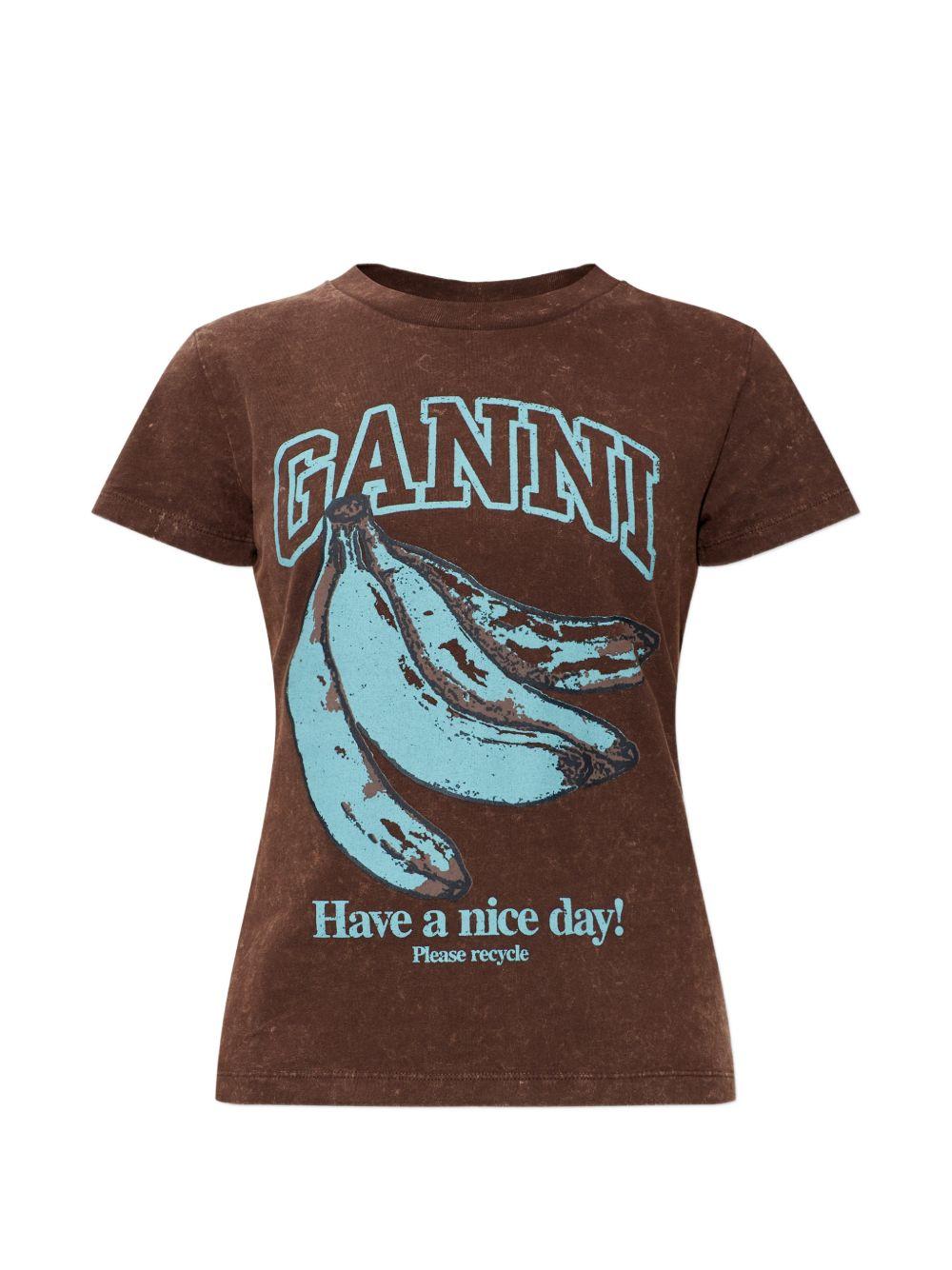 GANNI T-shirt con stampa Banana logo in cotone biologico marrone