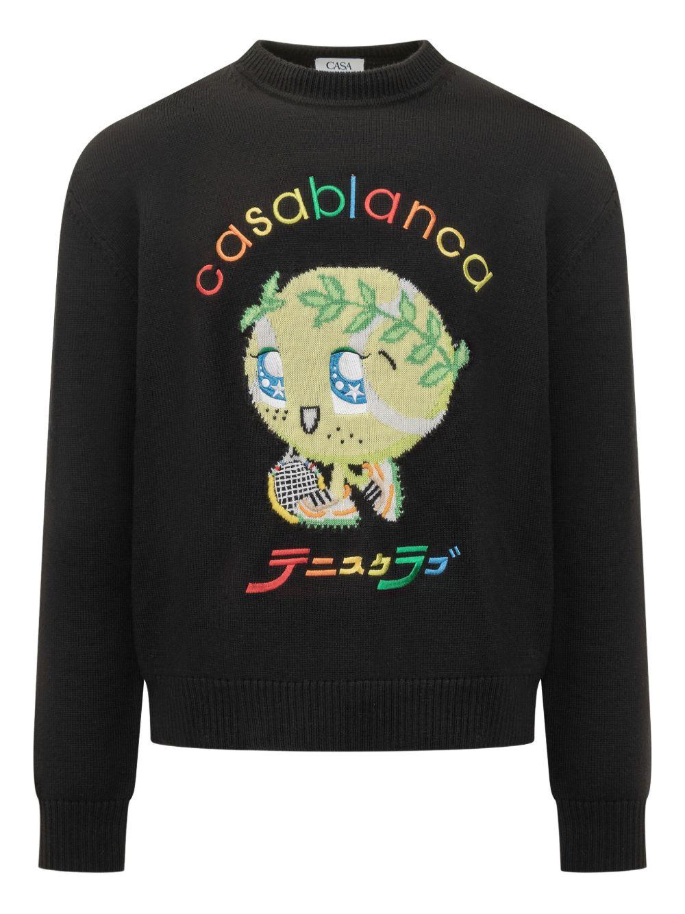 CASABLANCA Maglione in lana nera con stampa tennis