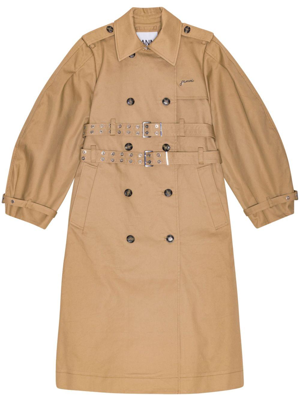 GANNI Trench lungo in cotone beige doppiopetto