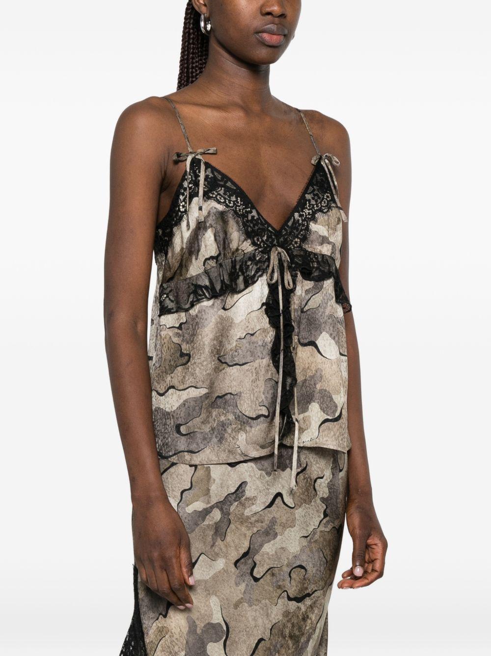 PINKO Top Riserva con stampa camouflage e pizzo