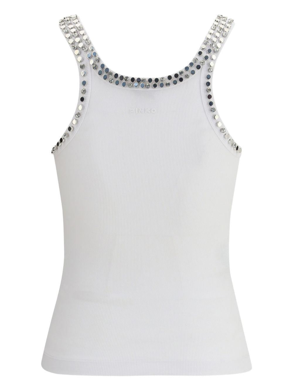 PINKO Top bianco a costine impreziosito da borchie
