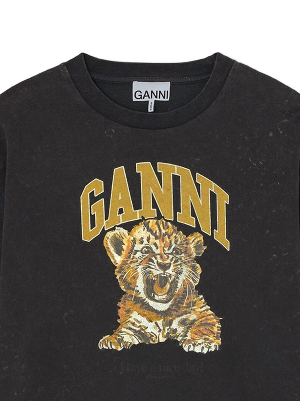 GANNI Felpa Tiger girocollo nera in cotone con stampa grafica