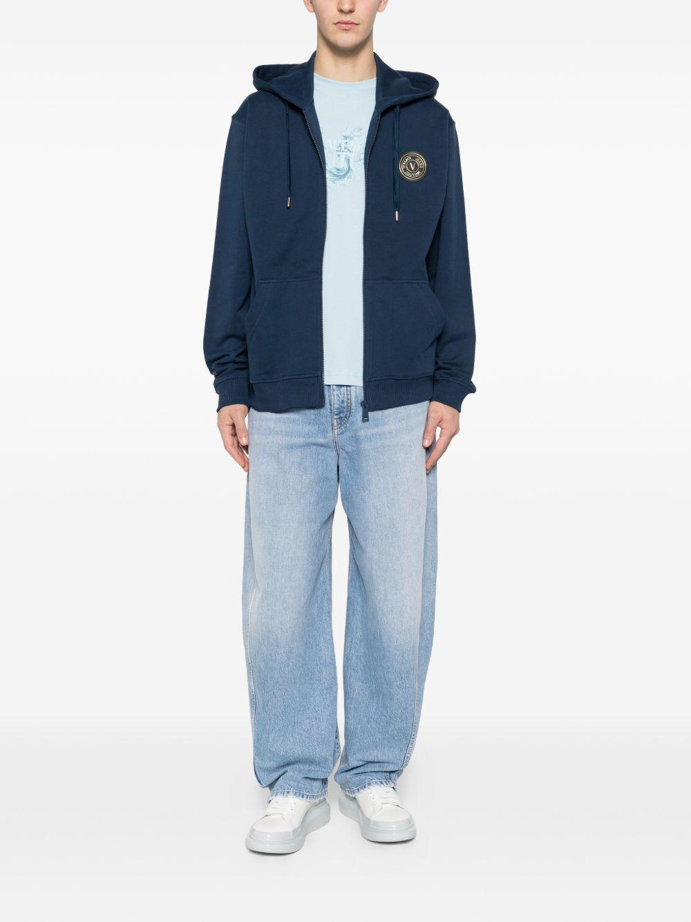 VERSACE JEANS COUTURE Felpa in cotone blu con cappuccio e zip