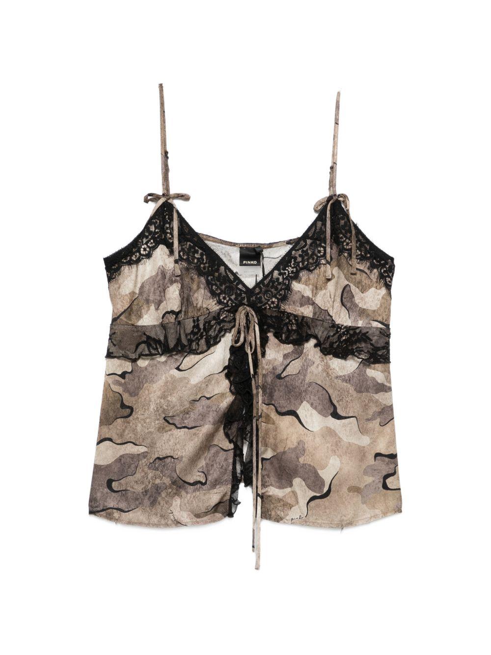 PINKO Top Riserva con stampa camouflage e pizzo