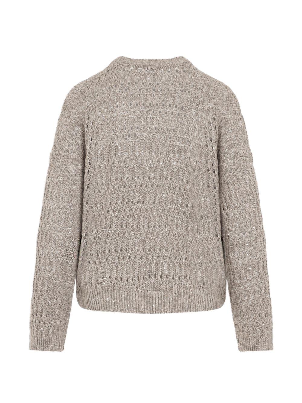 BRUNELLO CUCINELLI Maglia beige a trama larga con strass ricamati