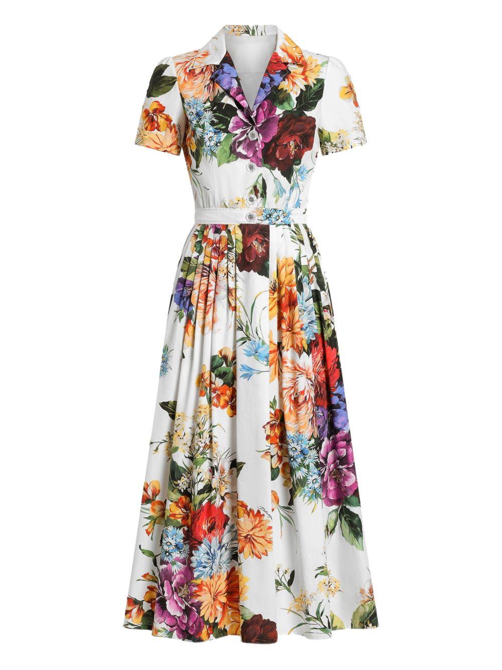DOLCE e GABBANA Abito midi in popeline stampa bouquet fiori
