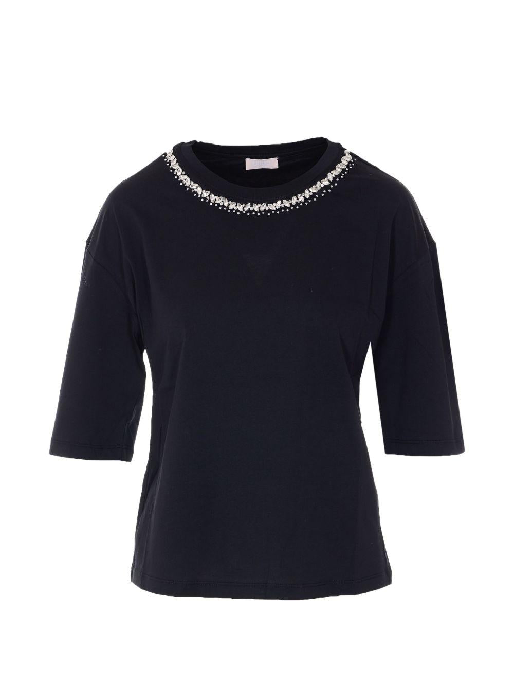 LIUJO T-shirt a maniche corte in cotone nero con decorazione girocollo