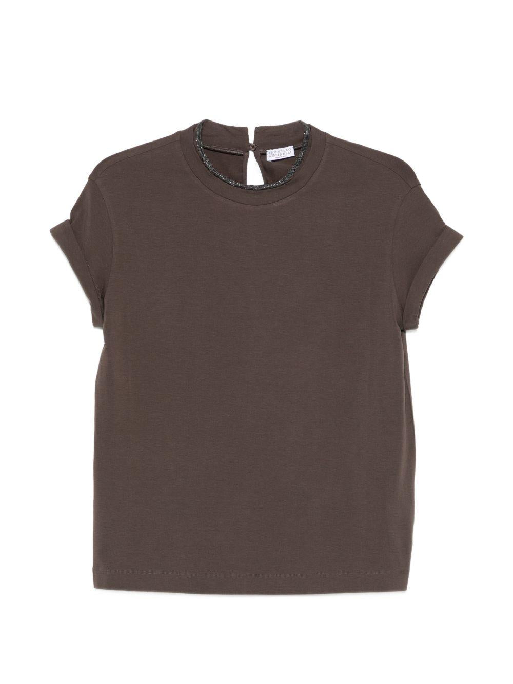 BRUNELLO CUCINELLI T-shirt marrone con dettagli al collo