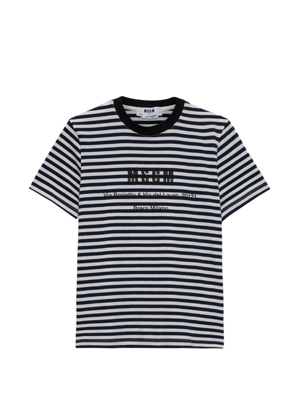 MSGM T-shirt in cotone a righe bianche e blu