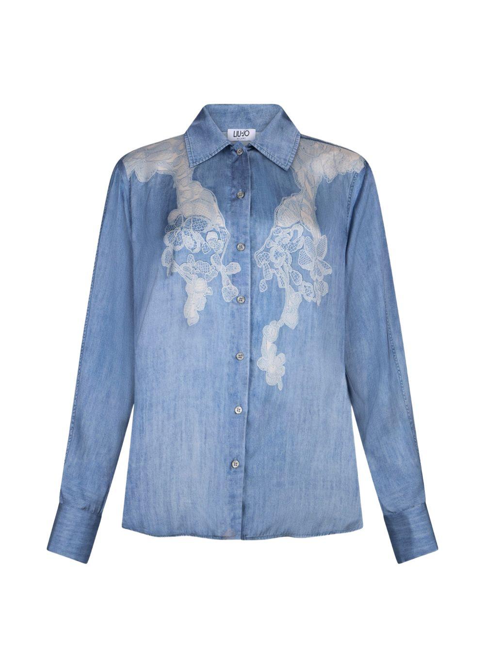 LIUJO Camicia blu con stampa grafica floreale bianca