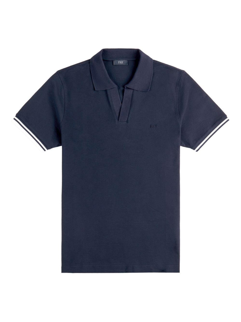 FAY Polo in cotone blu scuro con scollo a V